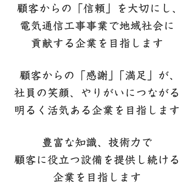 顧客からの「信頼」を大切にし、電気通信工事事業で地域社会に貢献する企業を目指します。顧客からの「感謝」「満足」が、社員の笑顔、やりがいにつながる明るく活気ある企業を目指します。豊富な知識、技術力で顧客に役立つ設備を提供し続ける企業を目指します